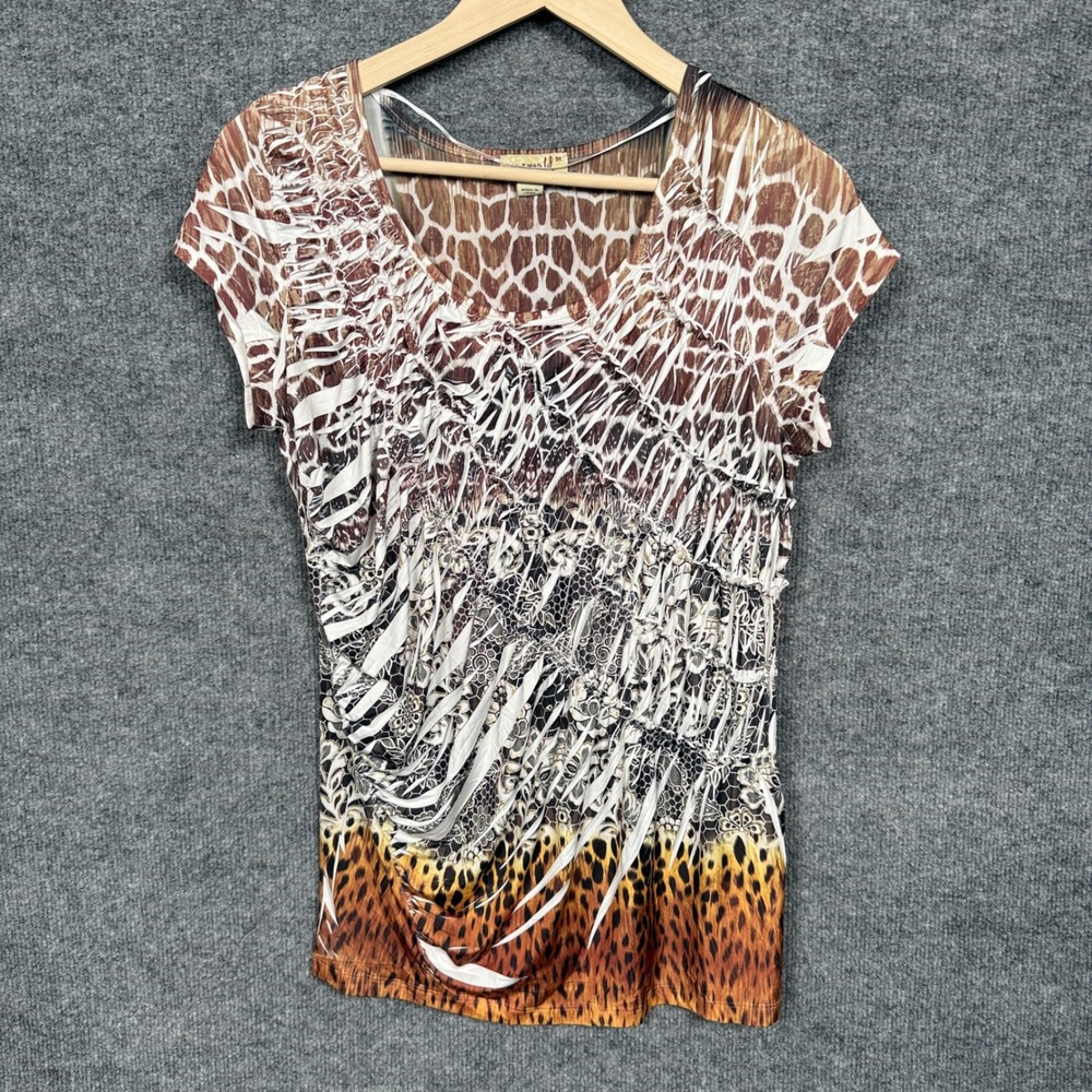 One World Medium‎ Top Brown Liquid Knit Crinkle Animal Print Scoop Neck Stretch